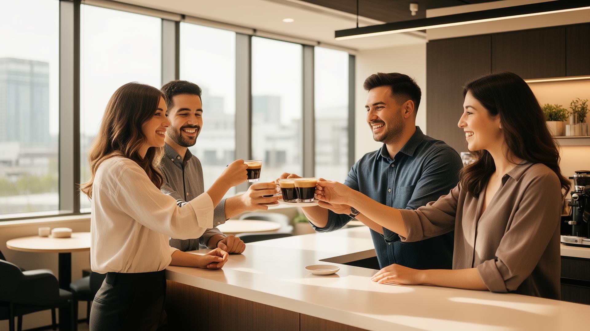 Colleagues enjoying premium espresso drinks in a modern office breakroom